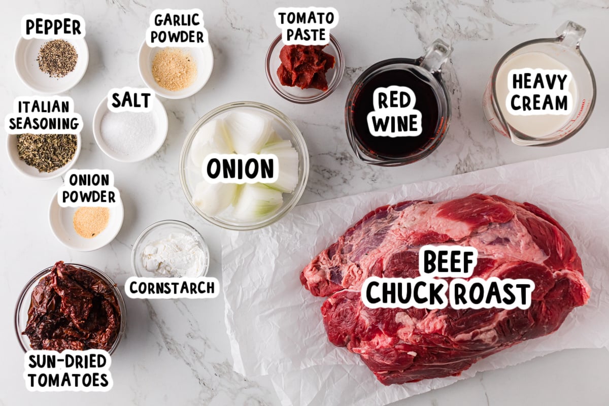Ingredients for marry me pot roast on a table.