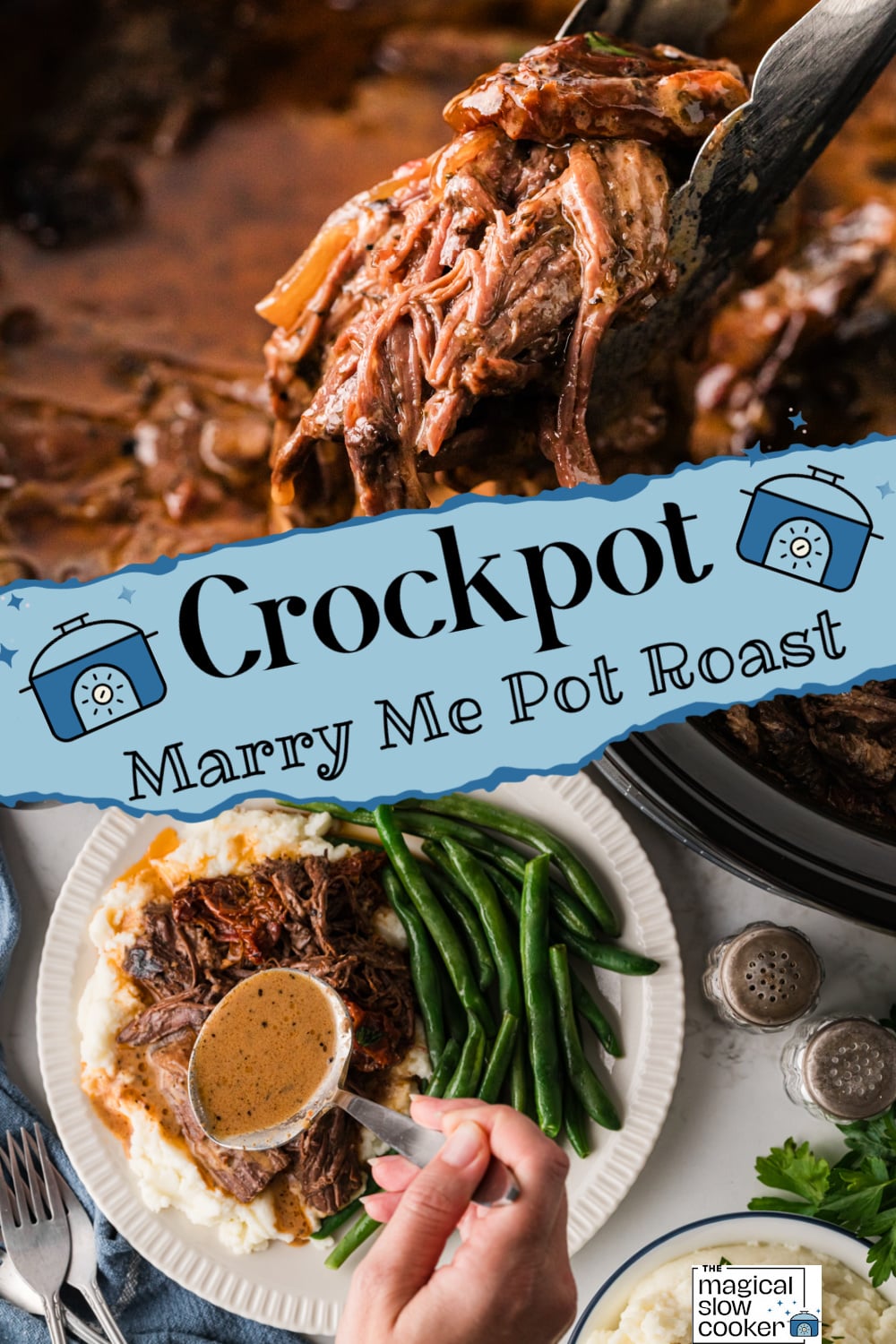 Two images of crockpot marry me pot roast with title text overlay.