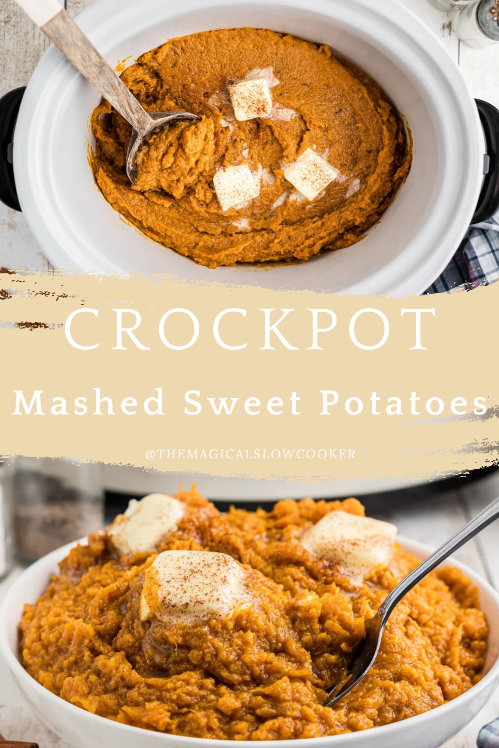 Two images of crockpot mashed sweet potatoes with text overlay.