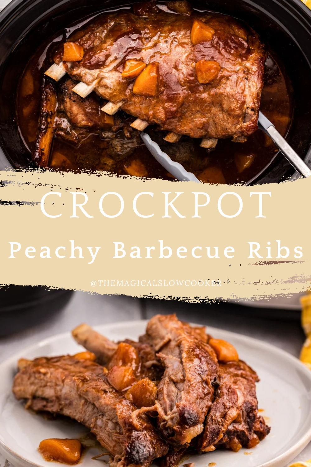 Two images of crockpot peachy barbecue ribs with text overlay.