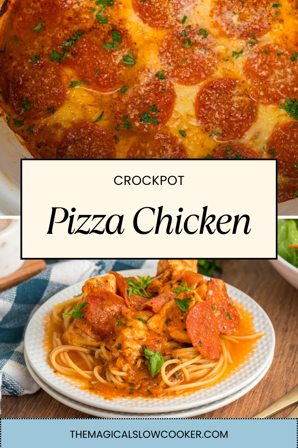 Two images of pizza chicken with text overlay.