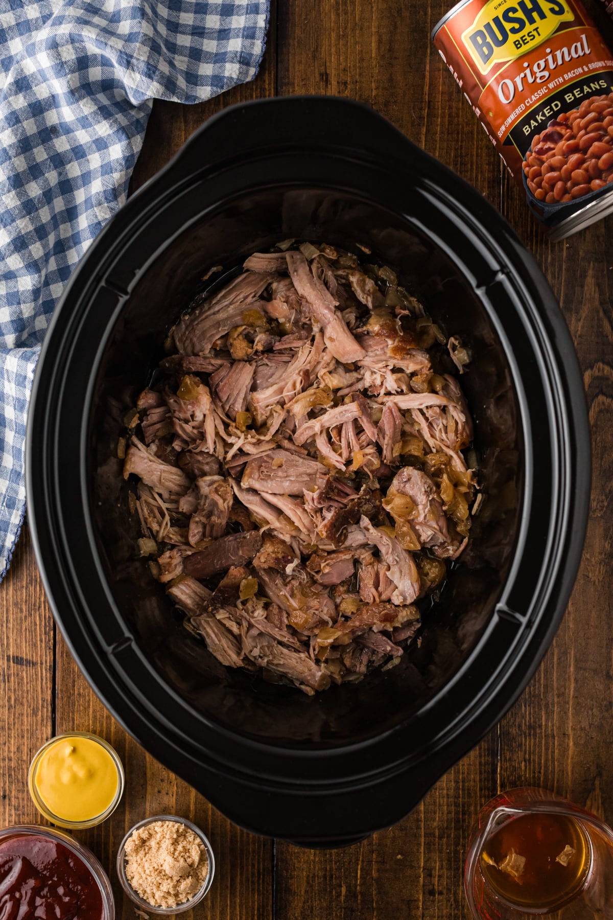Shredded pork after cooking in a crockpot.