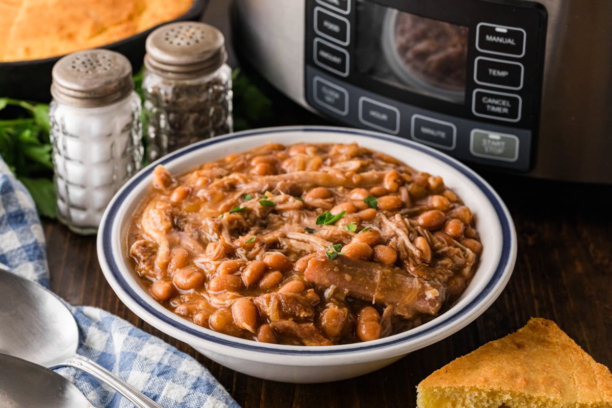 Pork and beans in a bowl in front of a slow cooker.