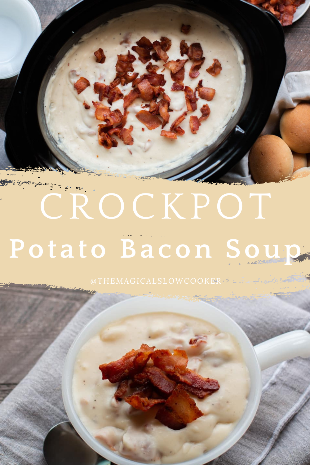Two images of crockpot potato bacon soup with text overlay.
