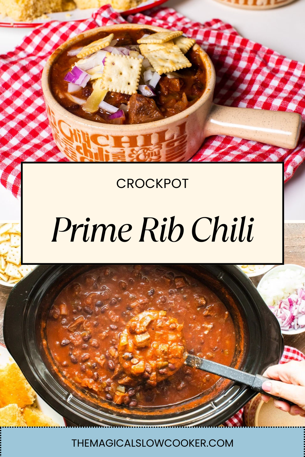 Two images of crockpot prime rib chili with text overlay.