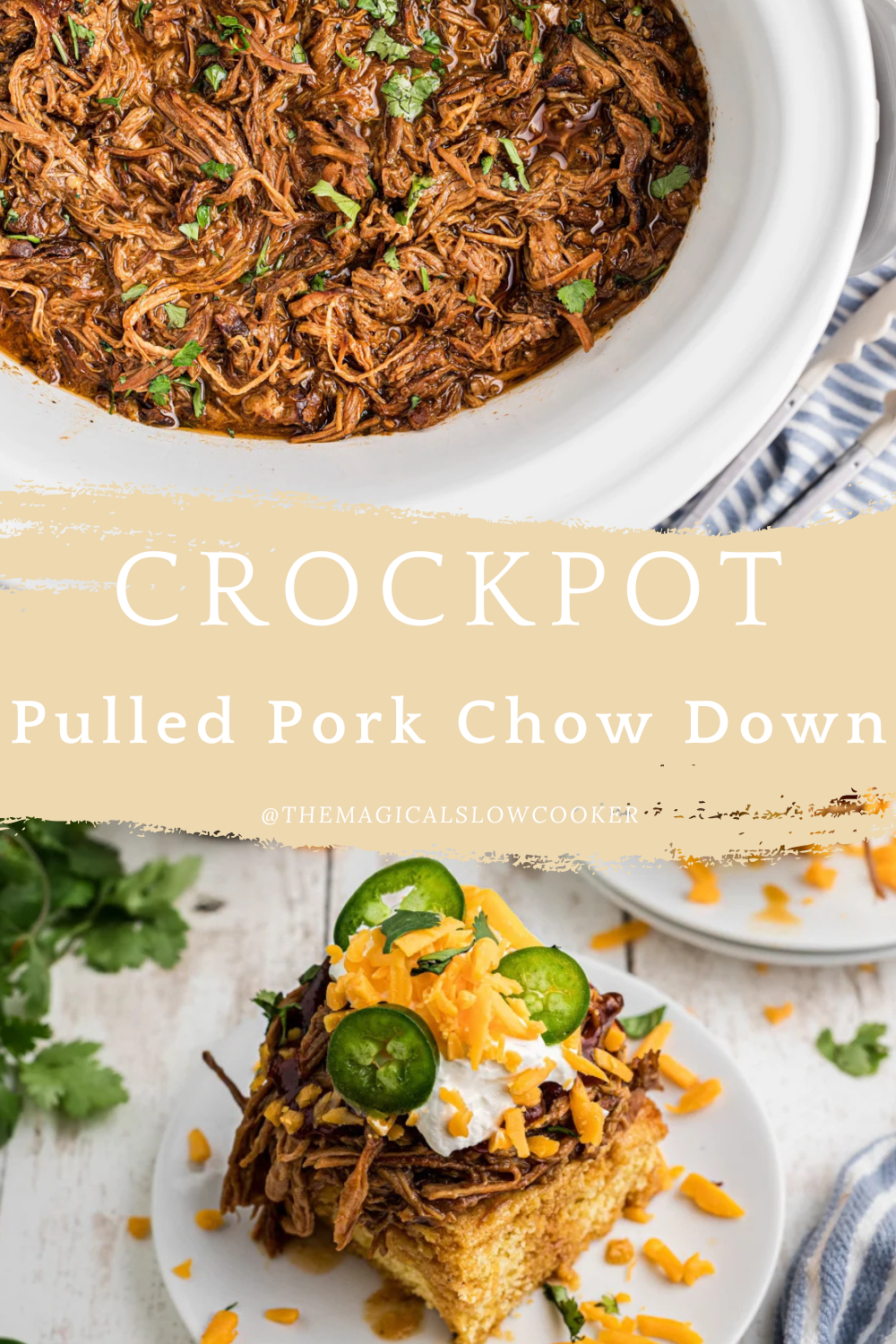 Two images of pulled pork chow down with text overlay.
