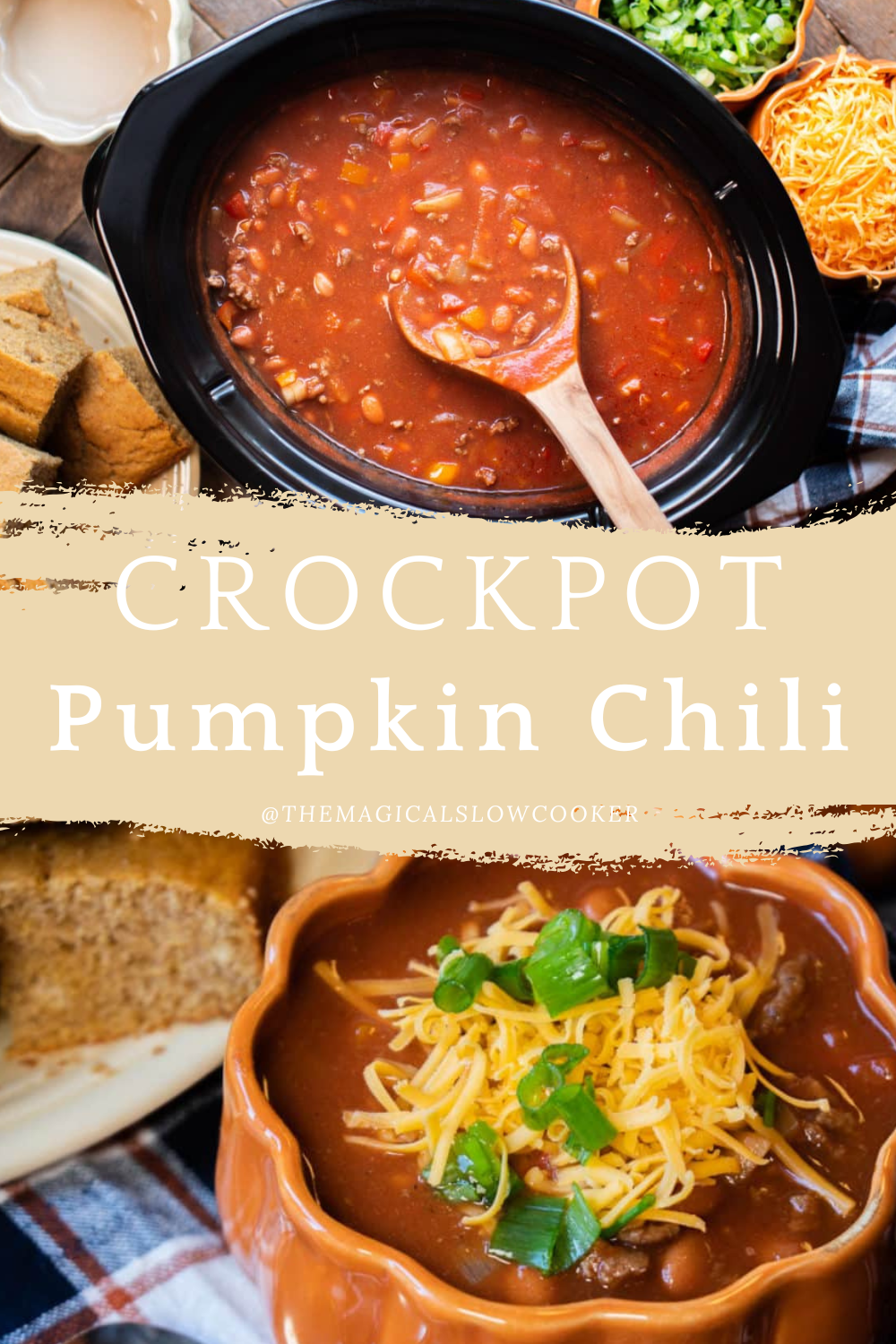 Two images of crockpot pumpkin chili with text overlay.