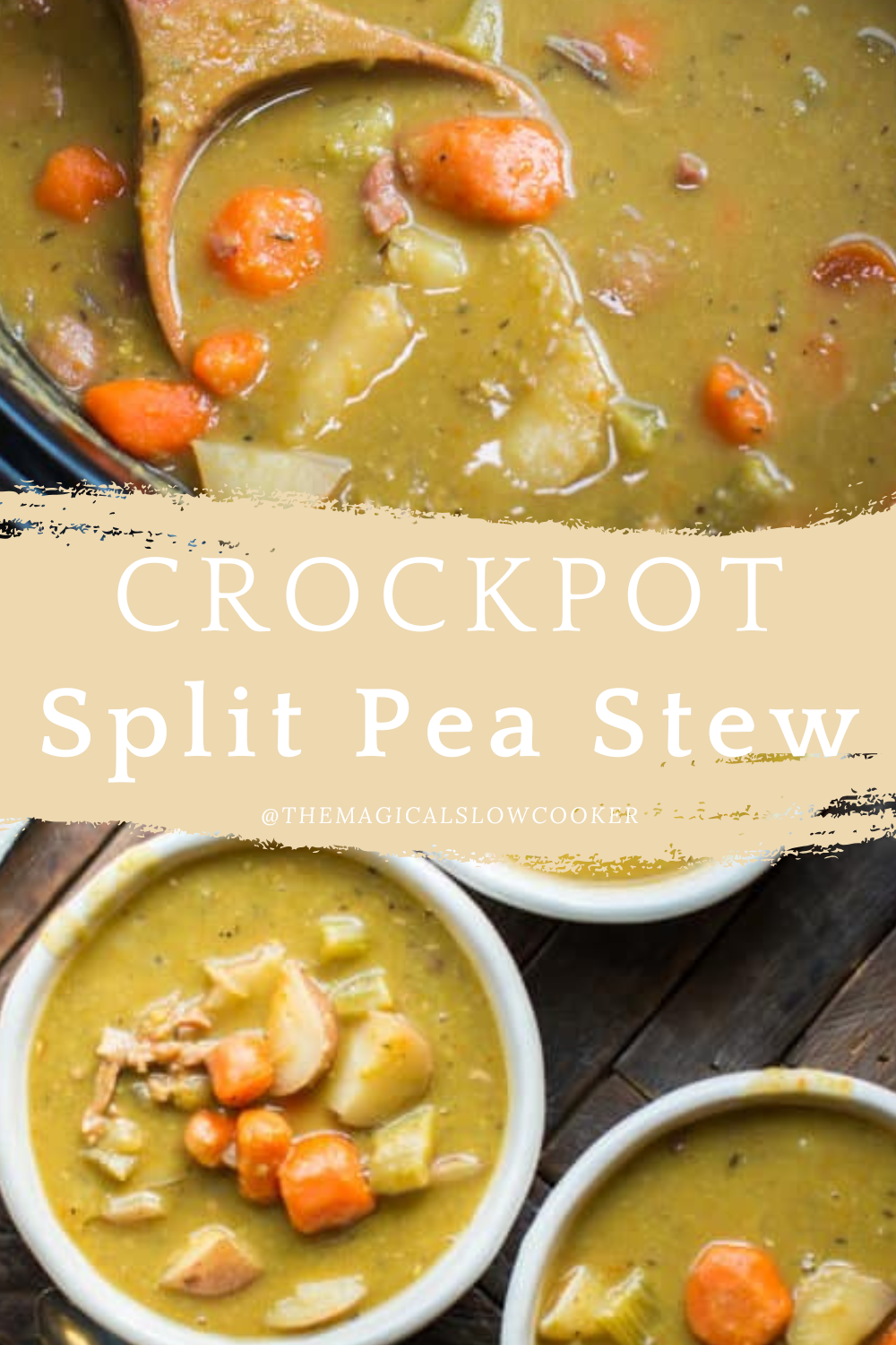 Two images of crockpot split pea stew with text overlay.