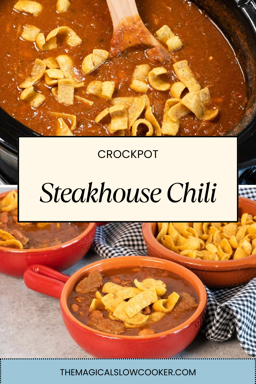 Two images of crockpot steakhouse chili with text overlay.