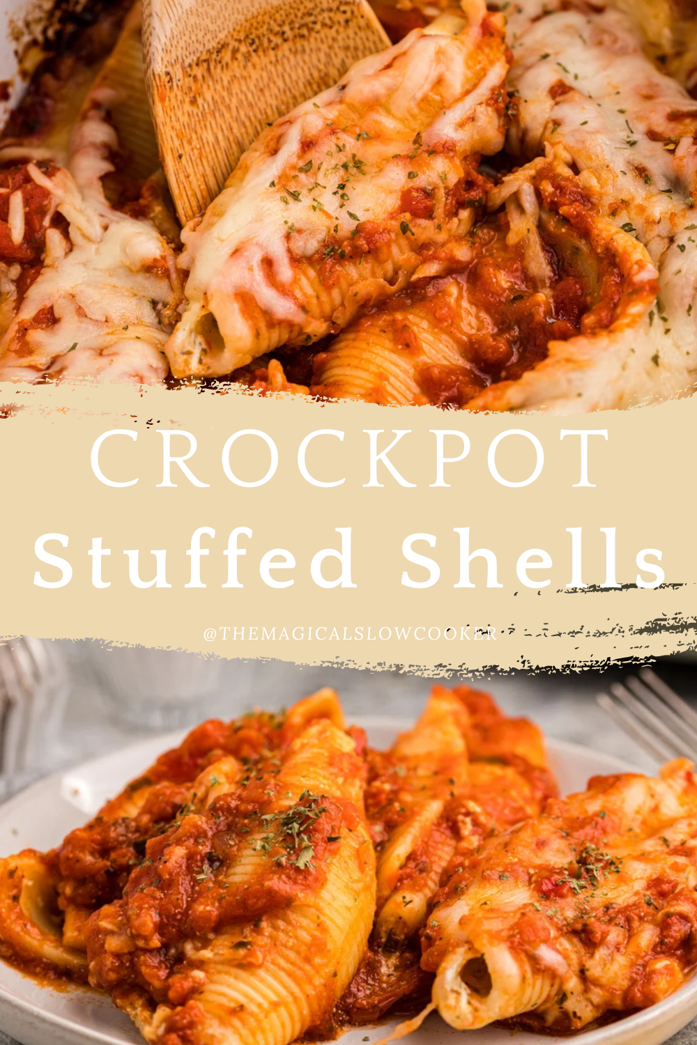 Two images of slow cooker stuffed shells with text overlay.