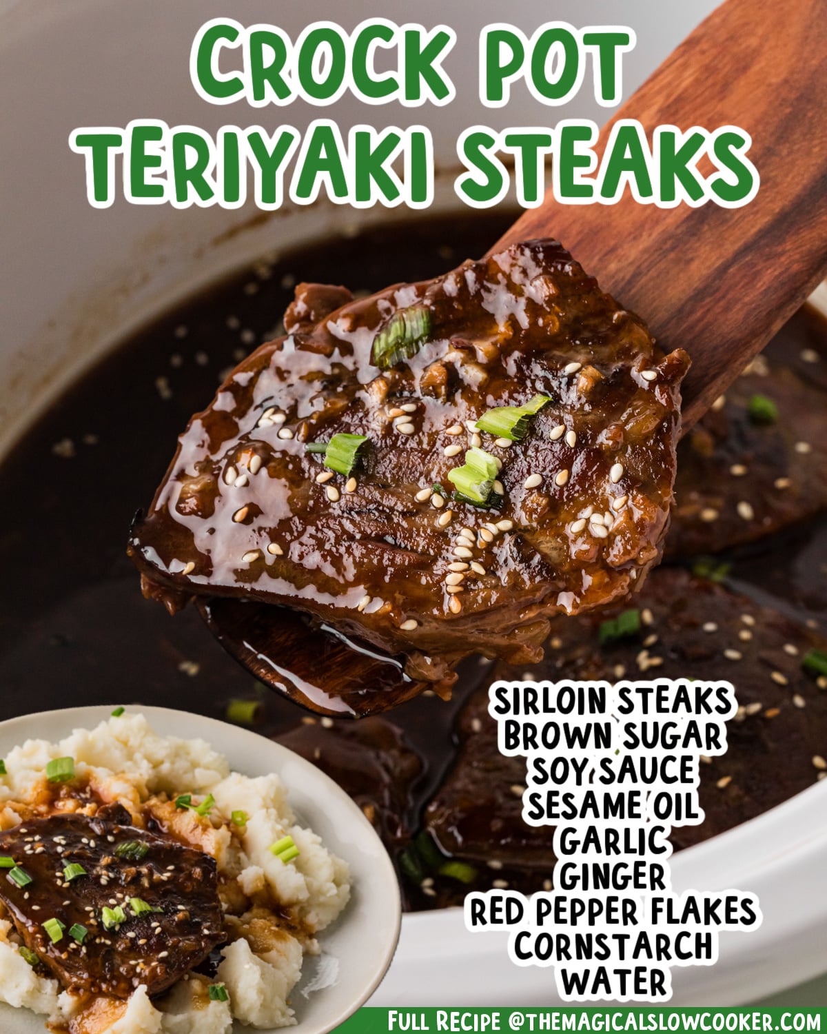 Two images of teriyaki steaks with text list of ingredients.