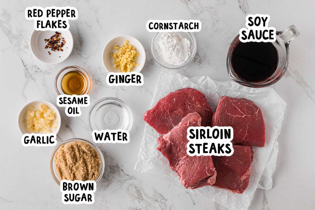 Ingredients for teriyaki steaks on a table.