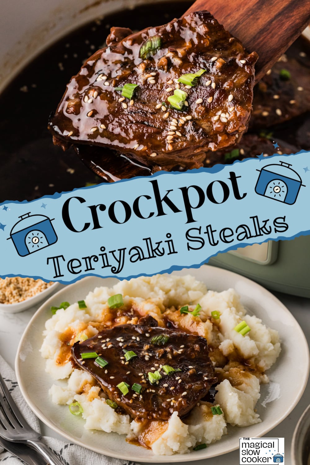 Two images of crockpot teriyaki steaks with title text overlay.