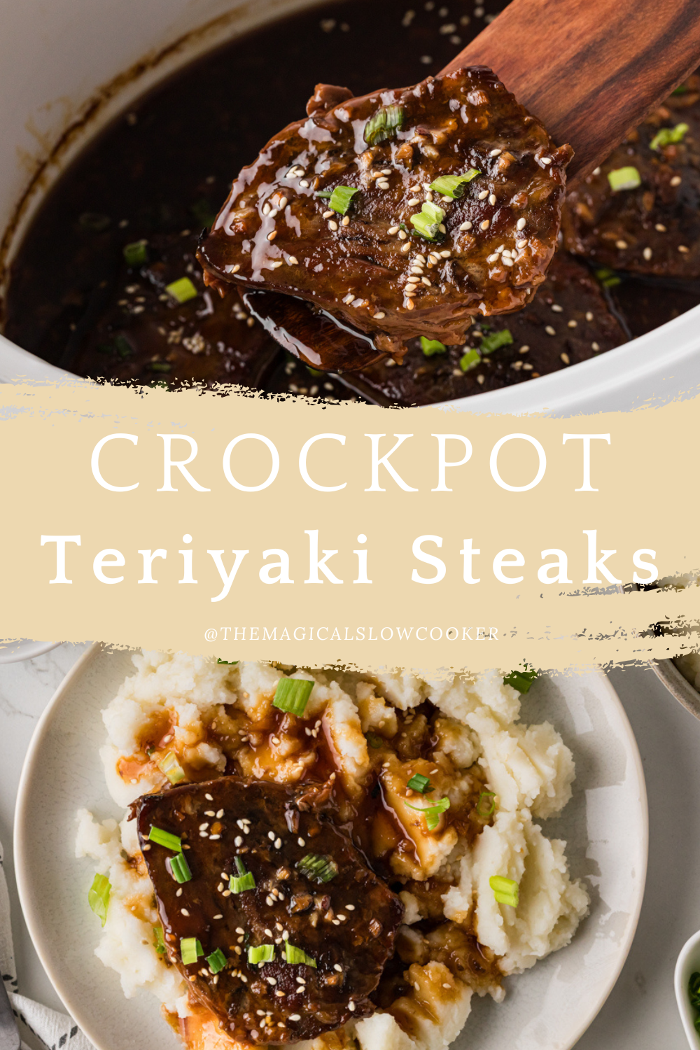 Two images of crockpot teriyaki steaks with text overlay.