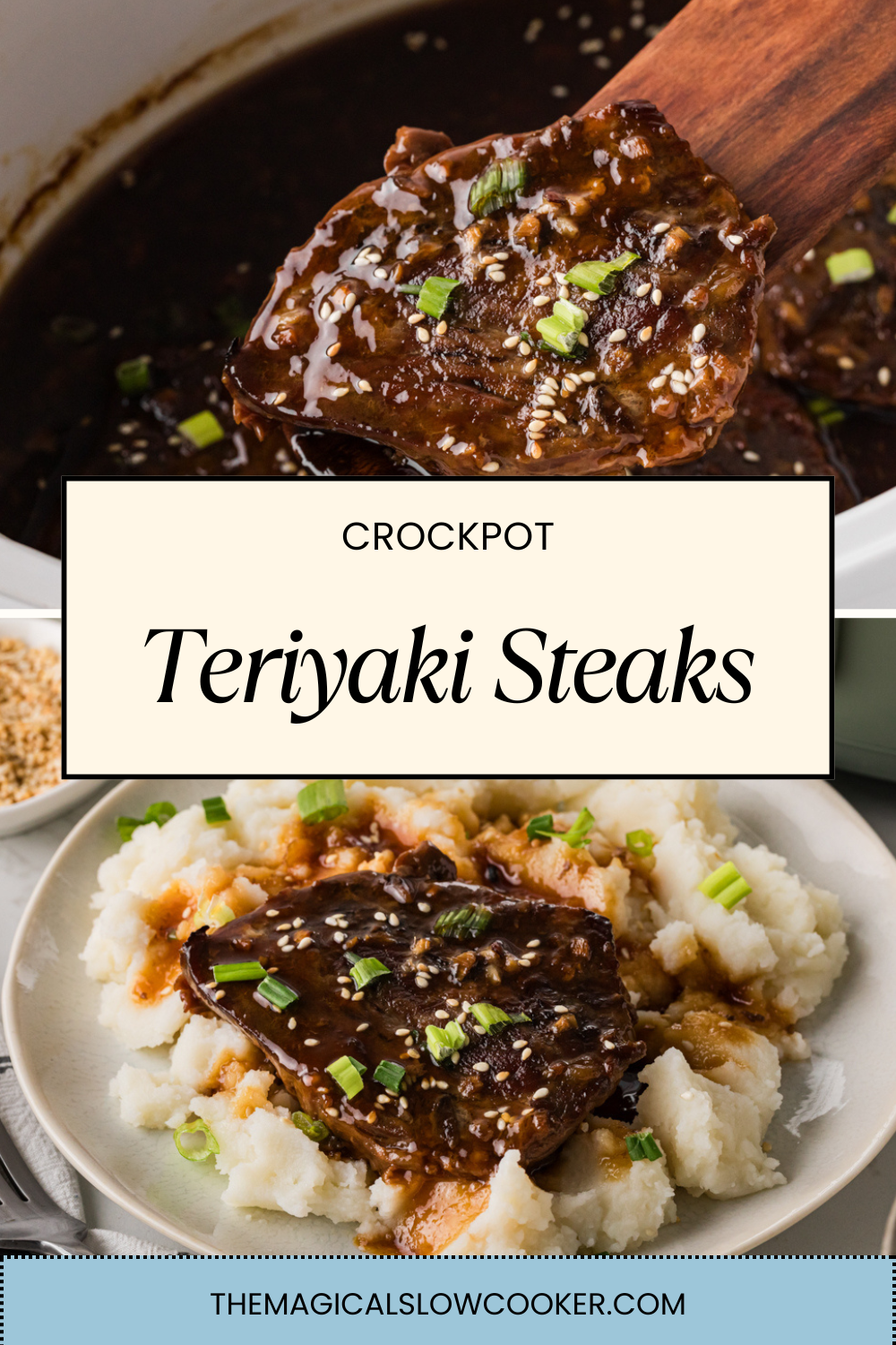 Two images of teriyaki steaks with text overlay.