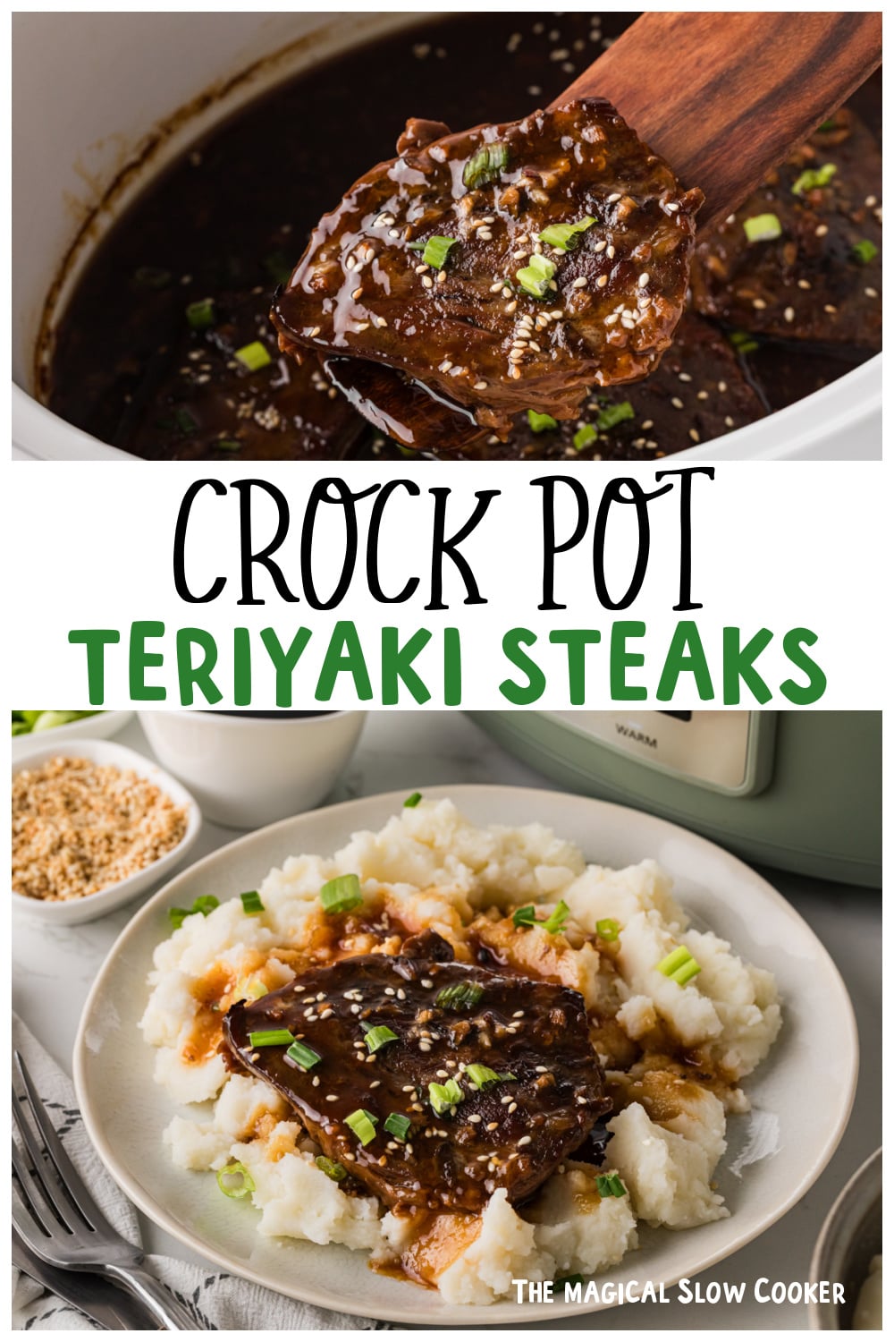 Two mages of crockpot teriyaki steaks for pinterest.