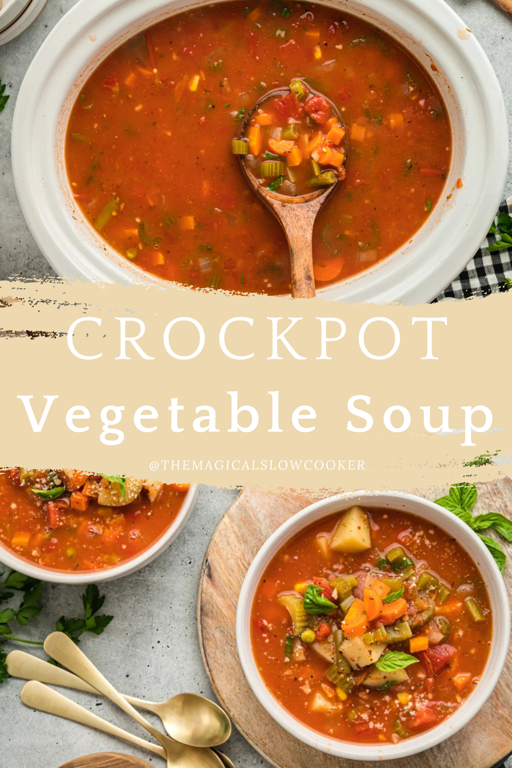 Two images of crockpot vegetable soup with text overlay.