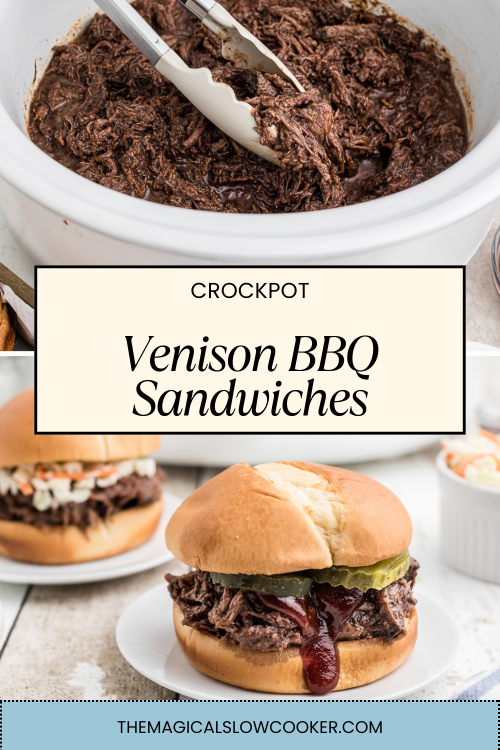 Two images of venison bbq sandwiches with text overlay.