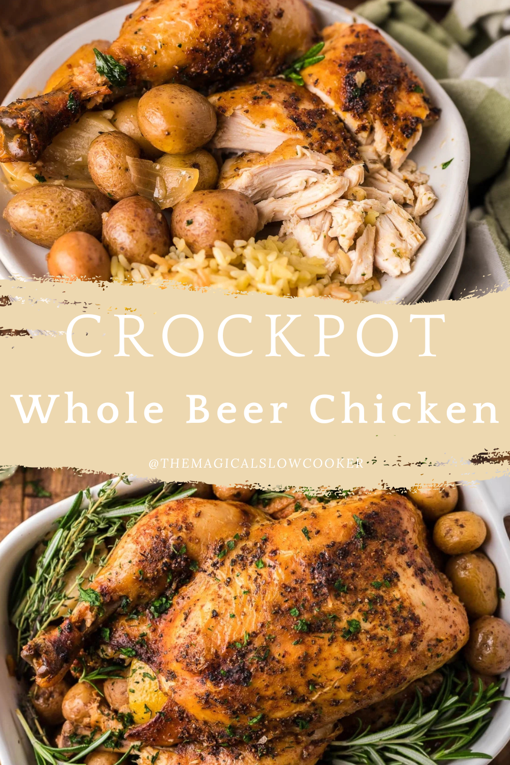 Two images of whole beer chicken with text overlay.