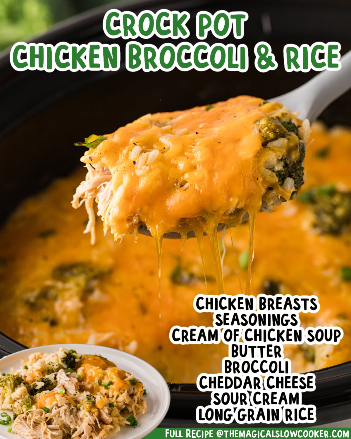 Two images of chicken broccoli and rice with text list of ingredients.