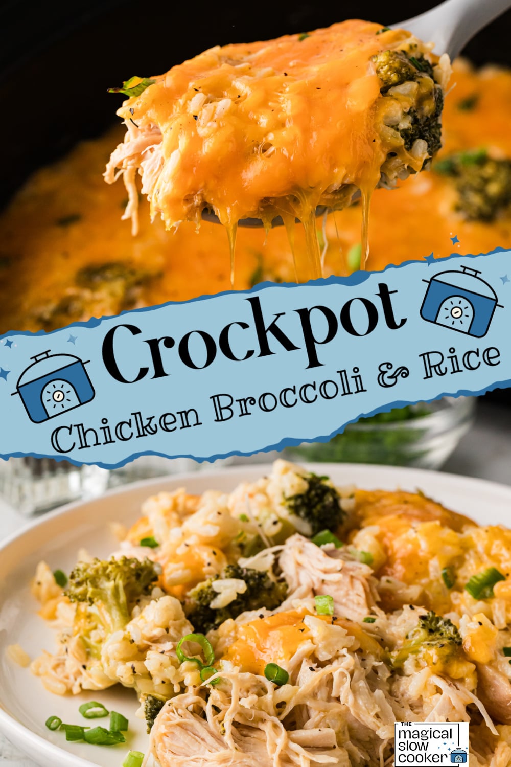 Two images of crockpot chicken broccoli and rice with title text overlay.