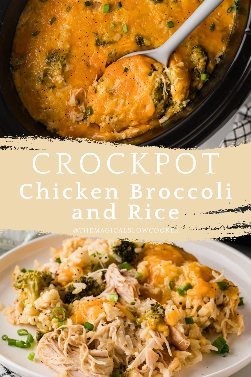 Two images of slow cooker chicken broccoli and rice with text overlay.