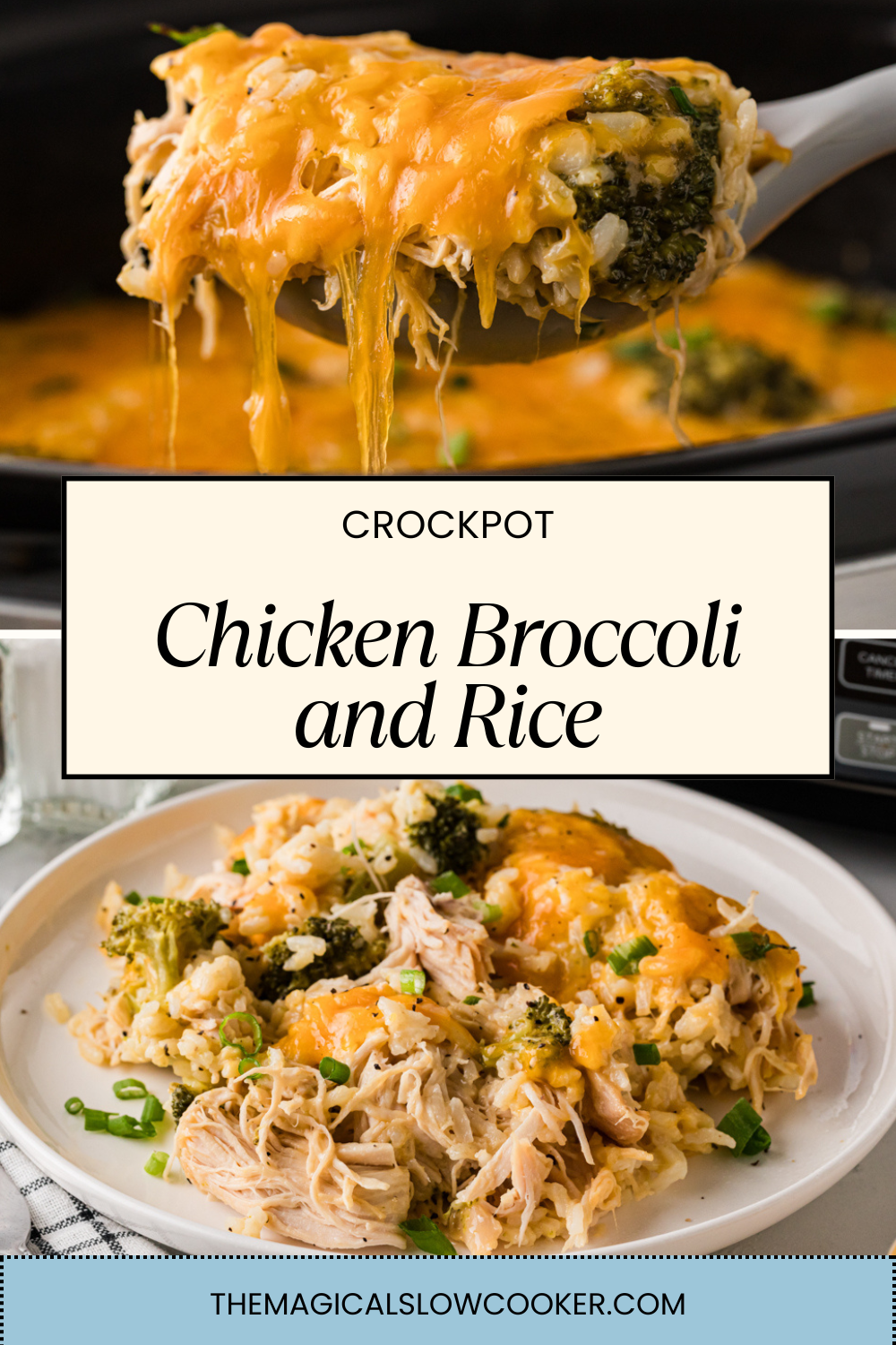 Two images of chicken broccoli and rice with text overlay.