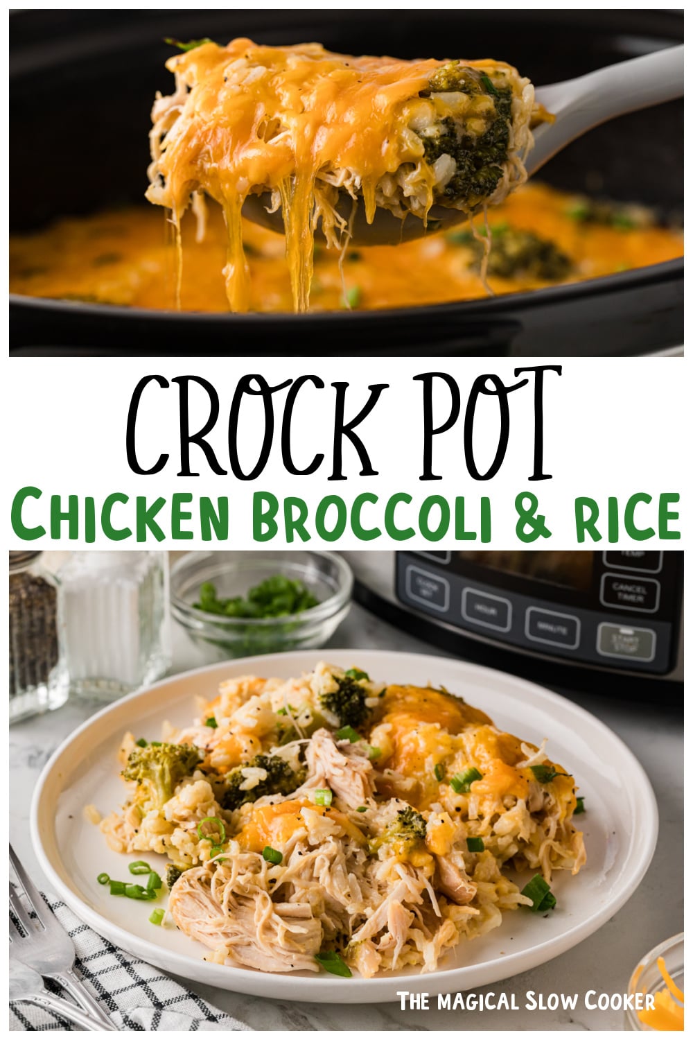 Two images of crockpot chicken broccoli and rice for pinterest.