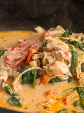 A large spoon scooping marry me chicken soup from a crockpot.