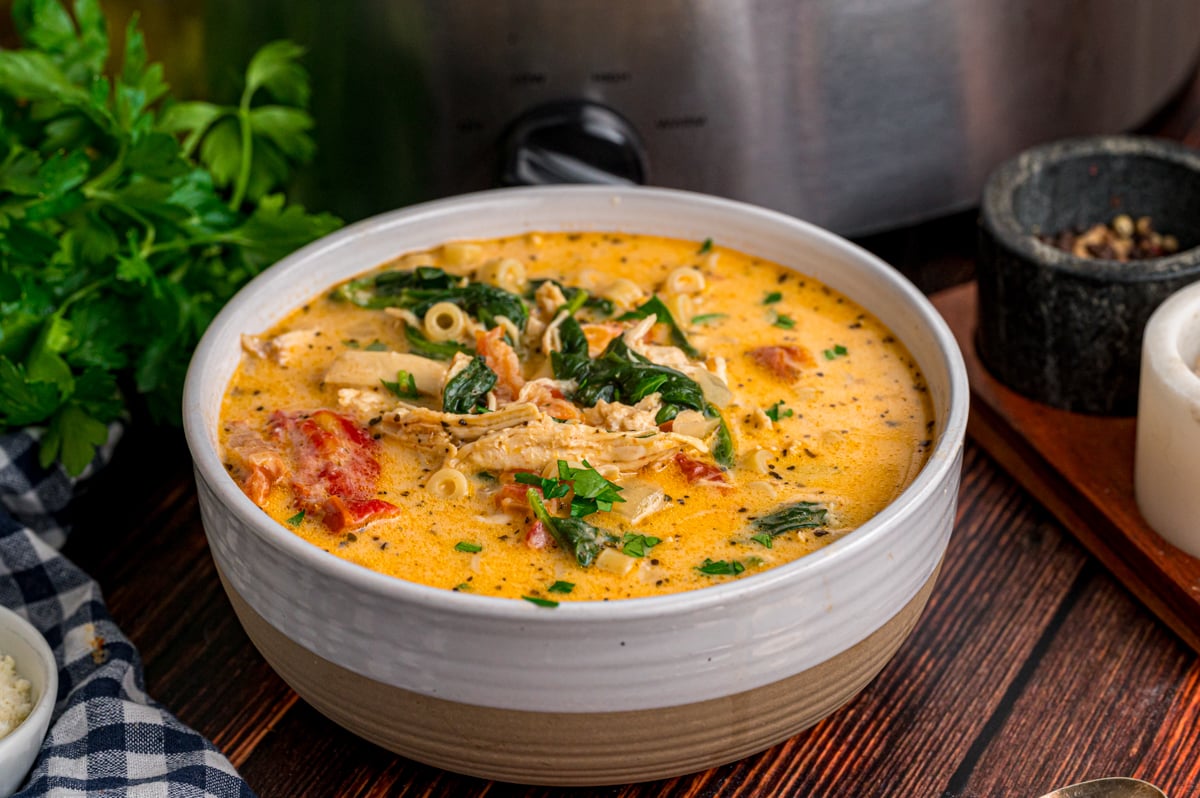 A serving of marry me chicken soup in a bowl.