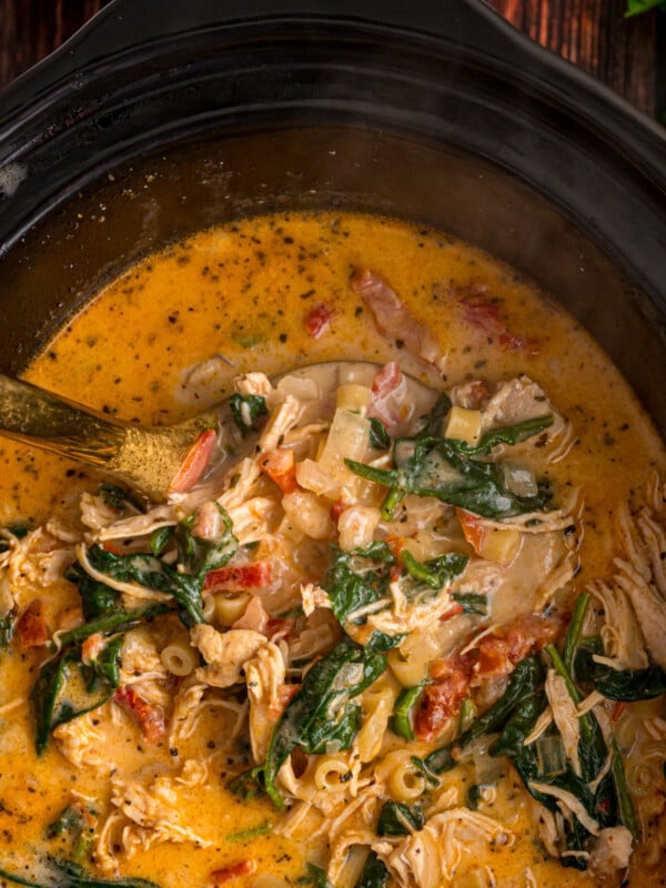 Marry me chicken soup in a crockpot with a large spoon scooping some out.