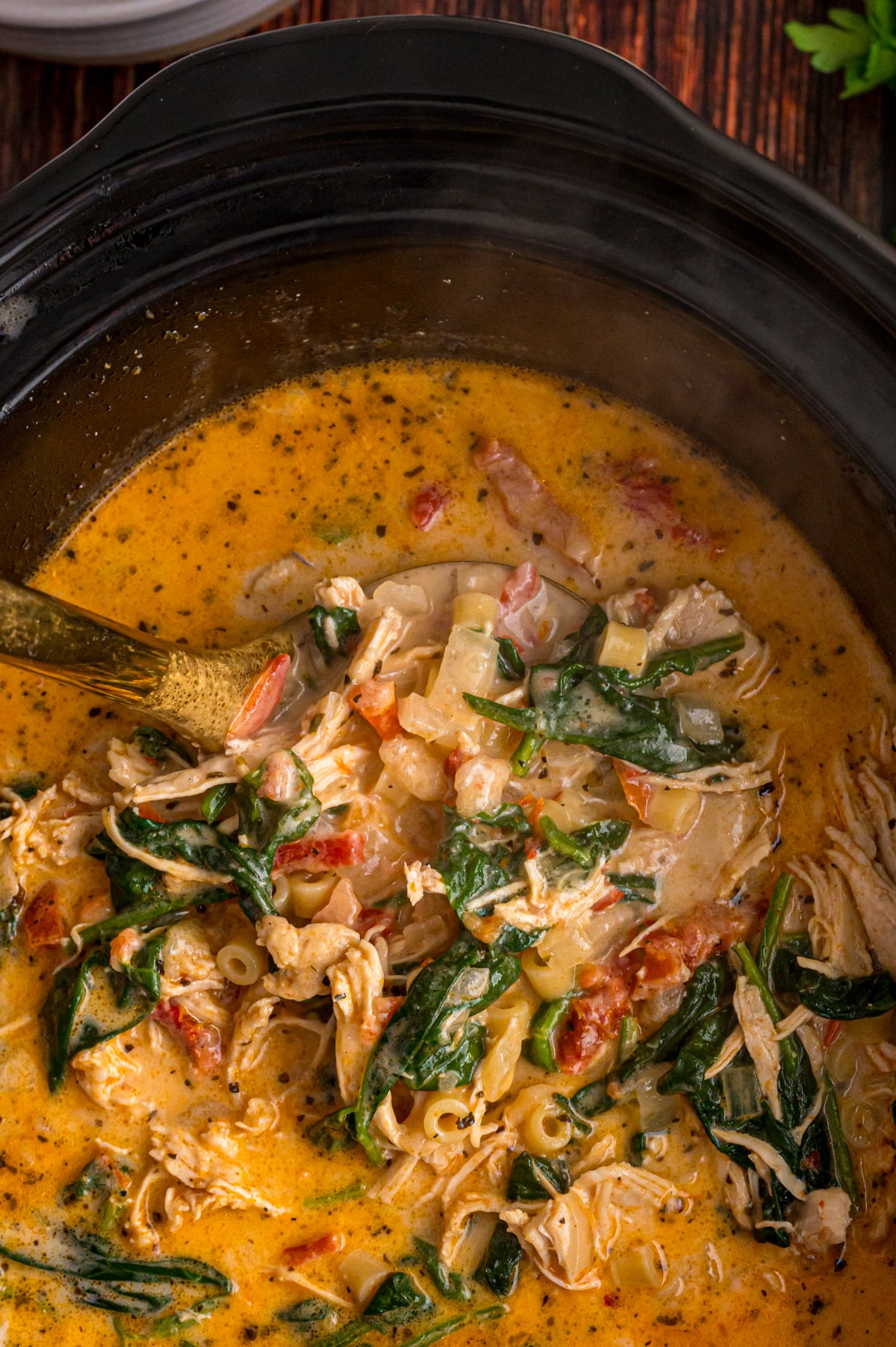 Marry me chicken soup in a crockpot with a large spoon scooping some out.