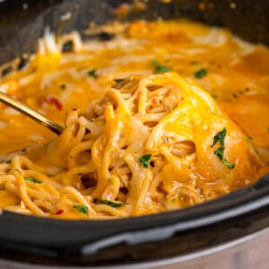 A spoon scooping cheesy spaghetti and chicken from a slow cooker.