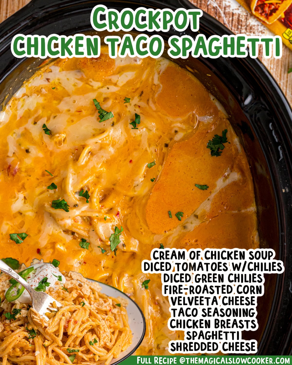 Two images of chicken taco spaghetti with text list of ingredients.