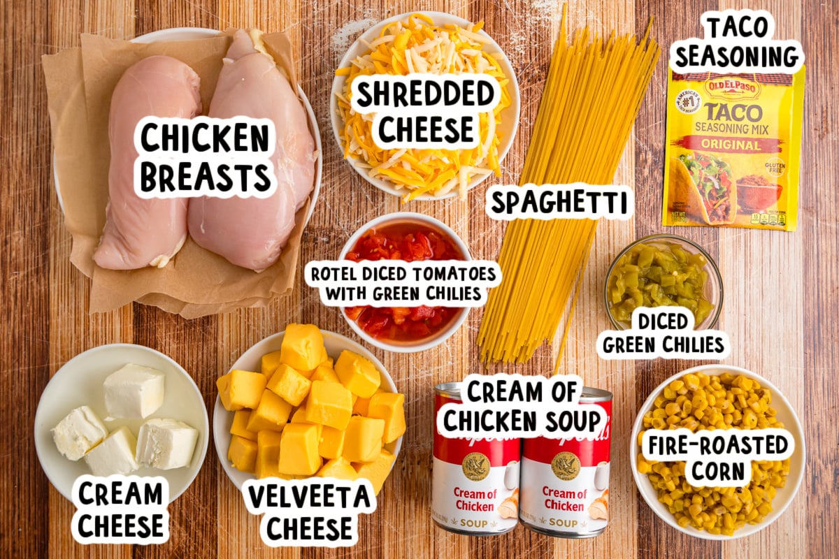 Ingredients for chicken taco spaghetti on a table.