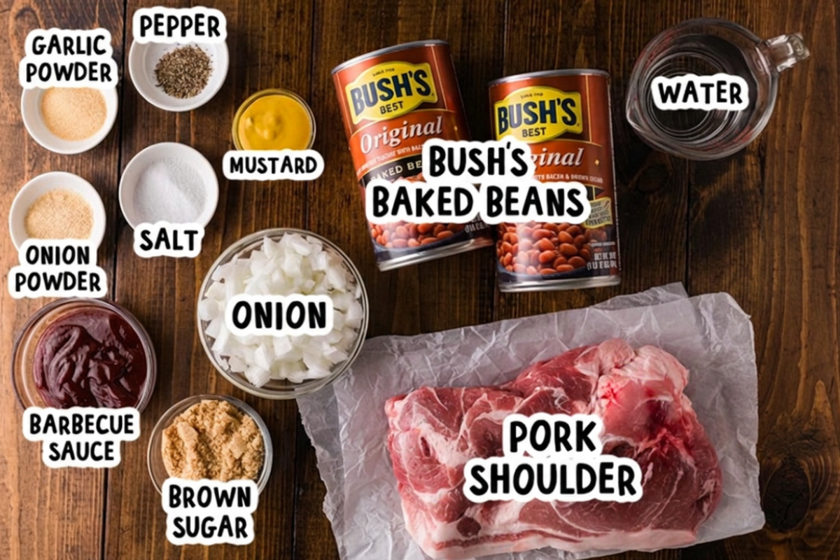 ingredients for pork and beans on a table.