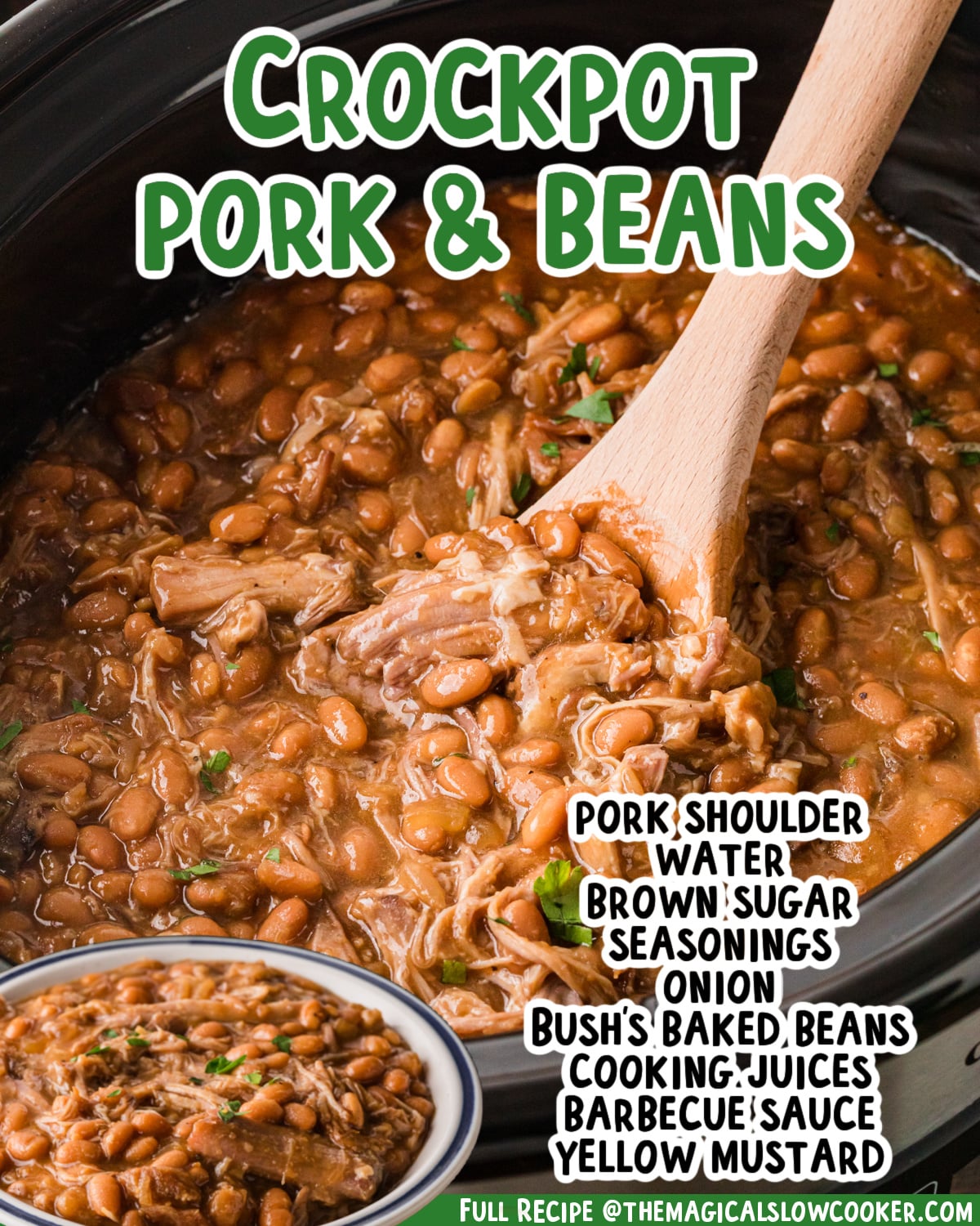 Two images of pork and beans with text list of ingredients.