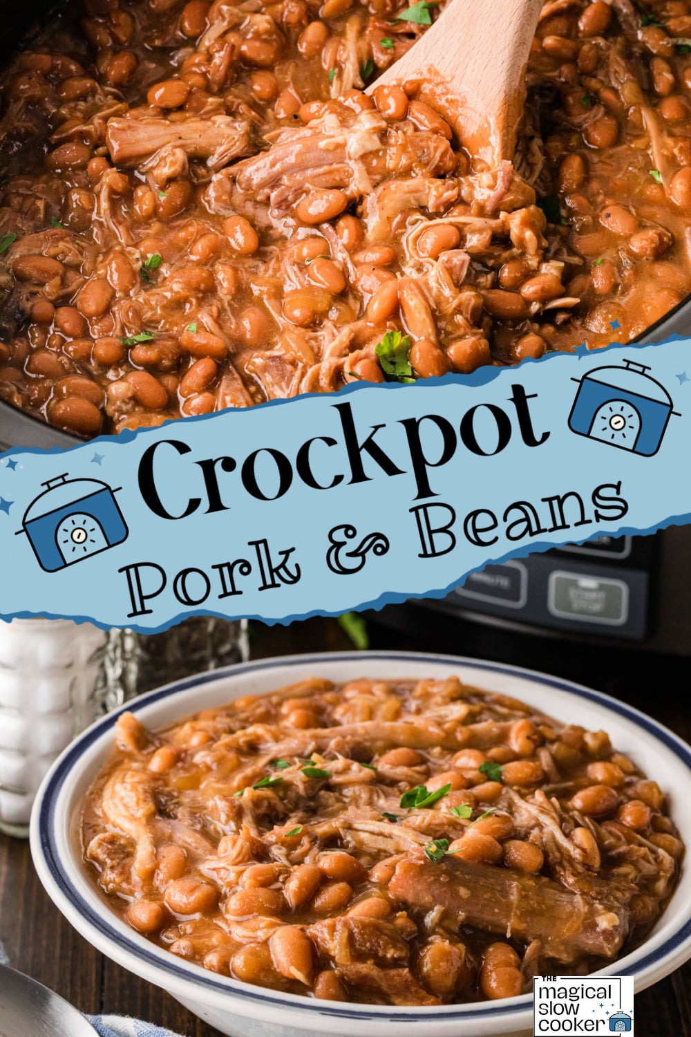Two images of crockpot pork and beans with title text overlay.