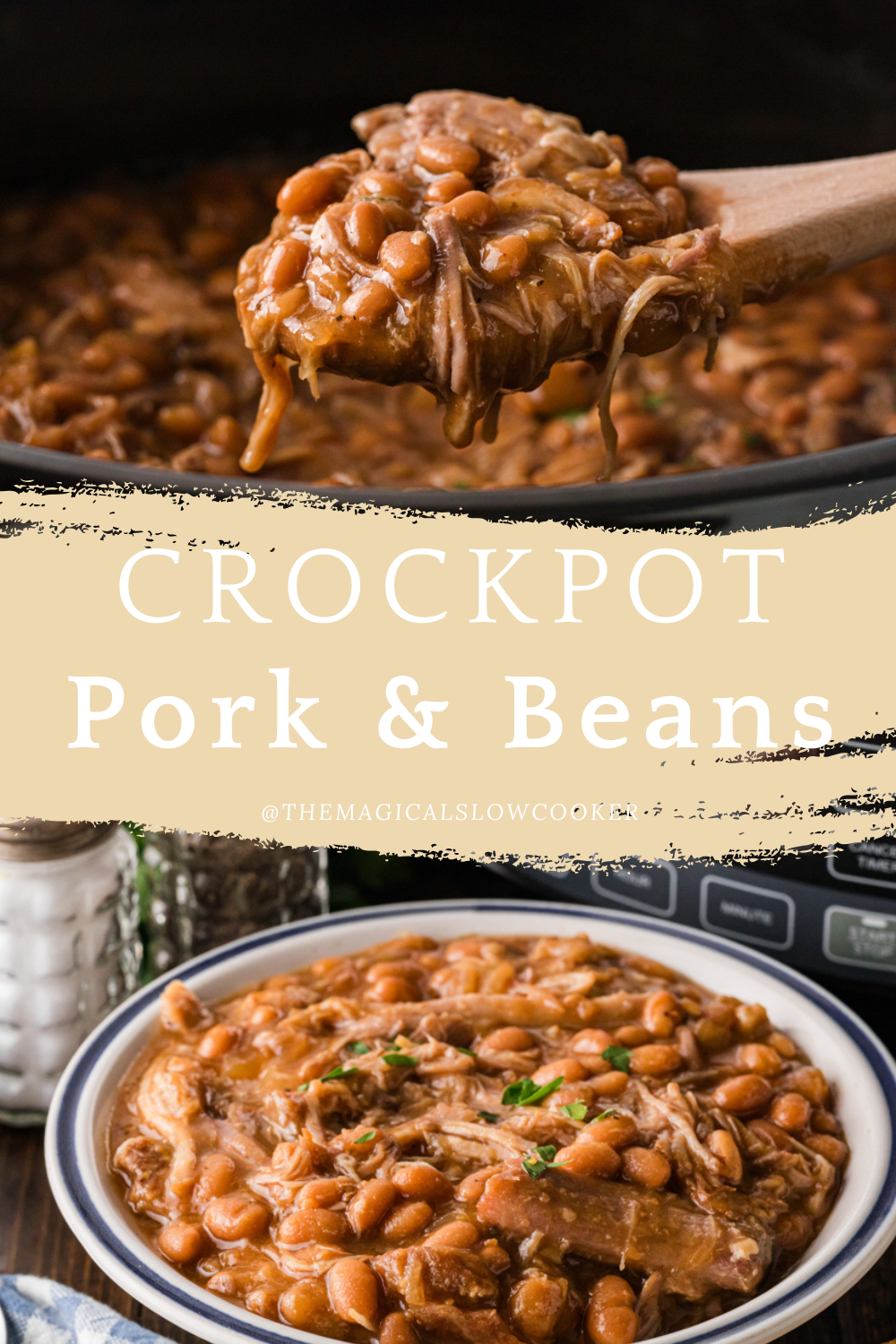 Two images of pork and beans with text overlay.