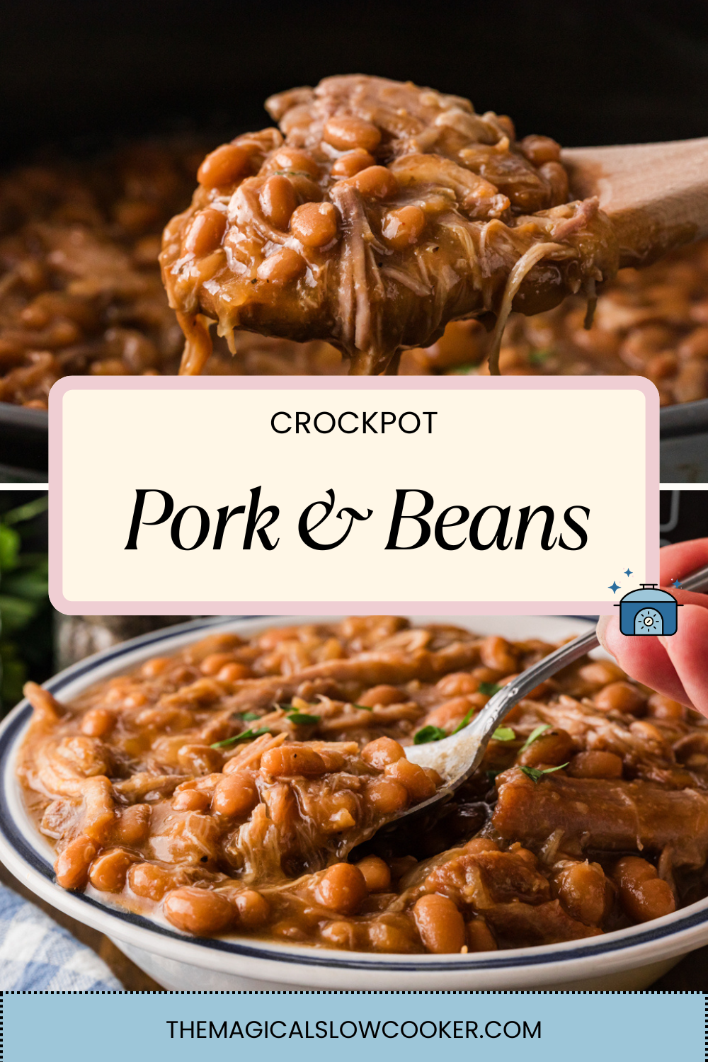 Two images of slow cooker pork and beans with text overlay.