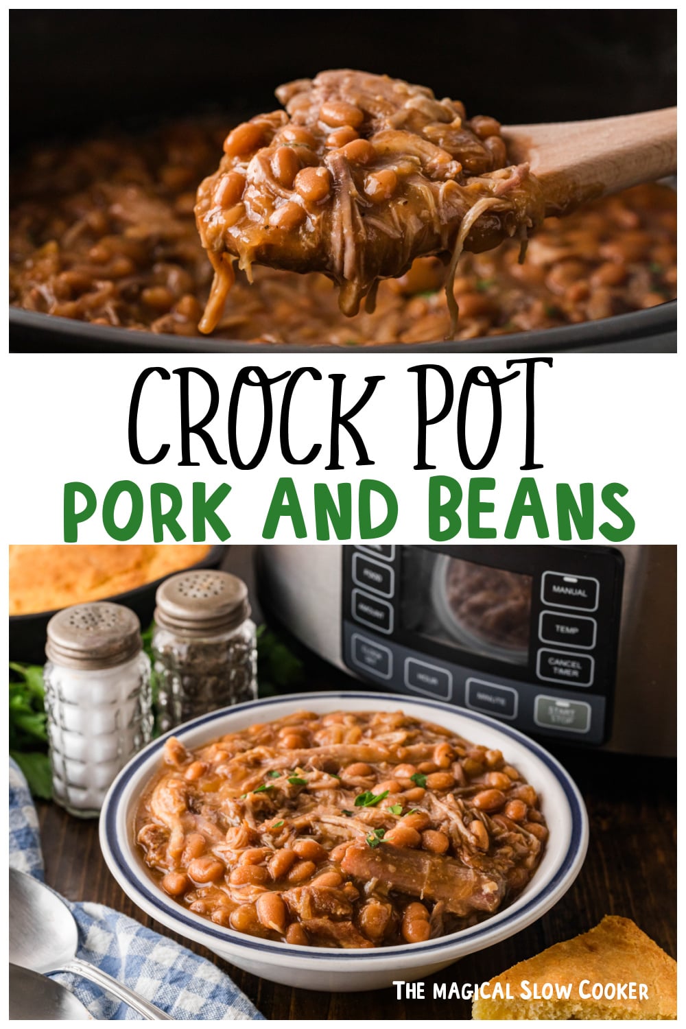 Two images of crockpot pork and beans for pinterest.