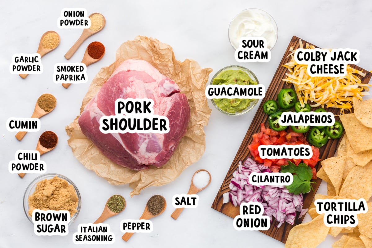 Ingredients for making pulled pork nachos on a table.