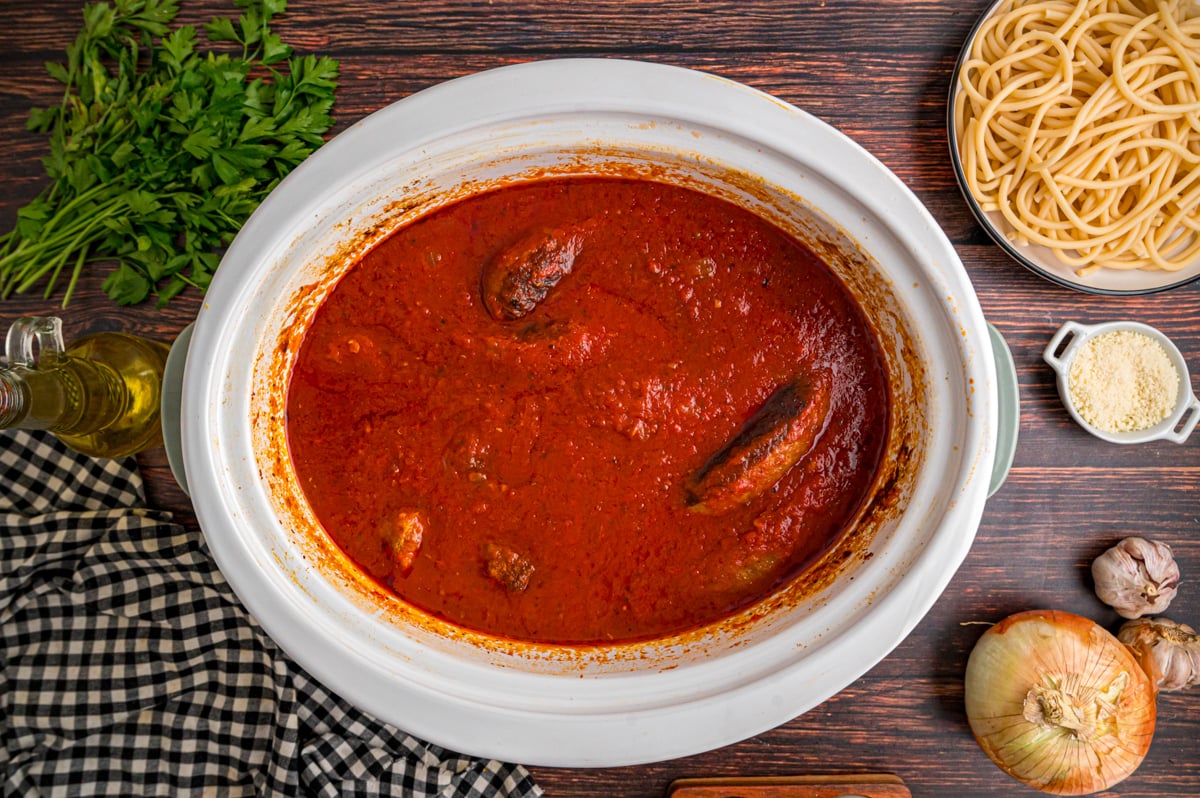 Sunday sauce in a crockpot after cooking.