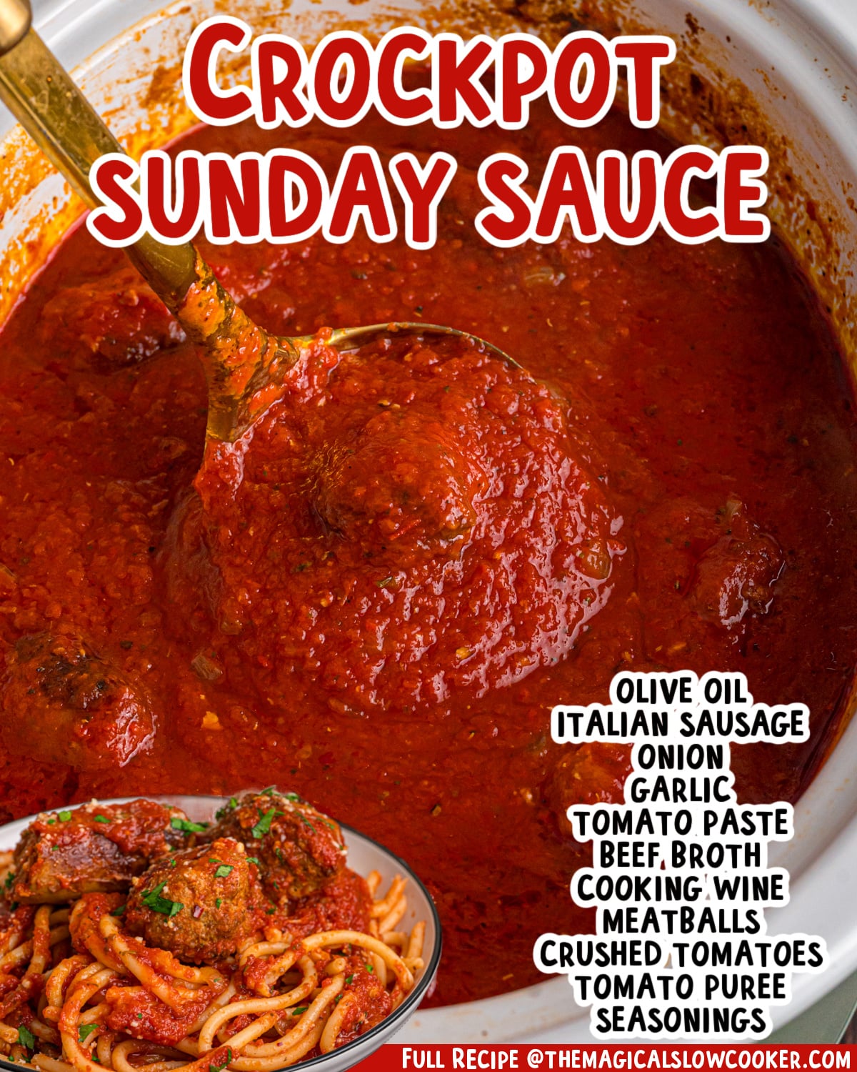 Two images of slow cooker sunday sauce with text list of ingredients.