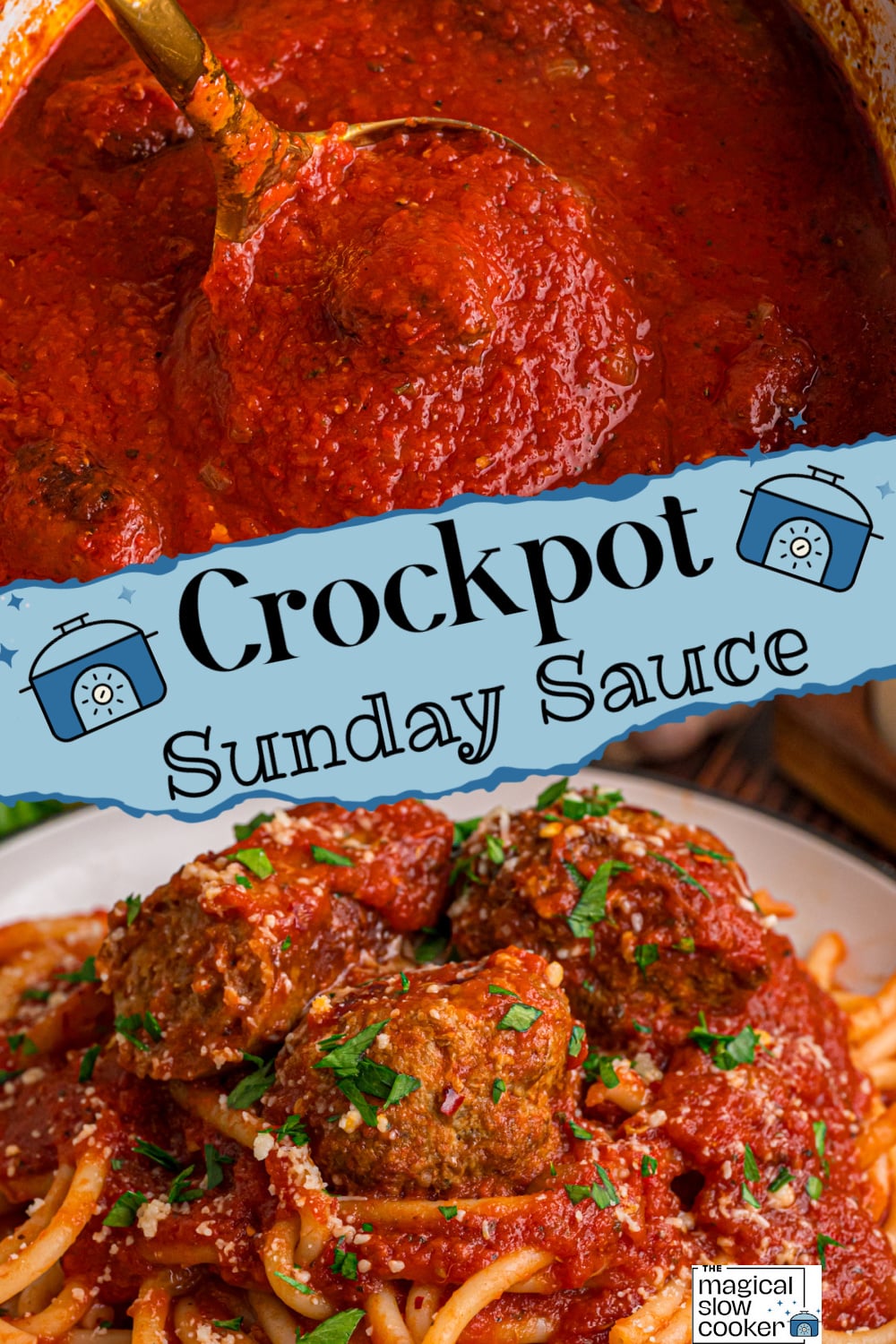 Two images of crockpot sunday sauce with title text overlay.