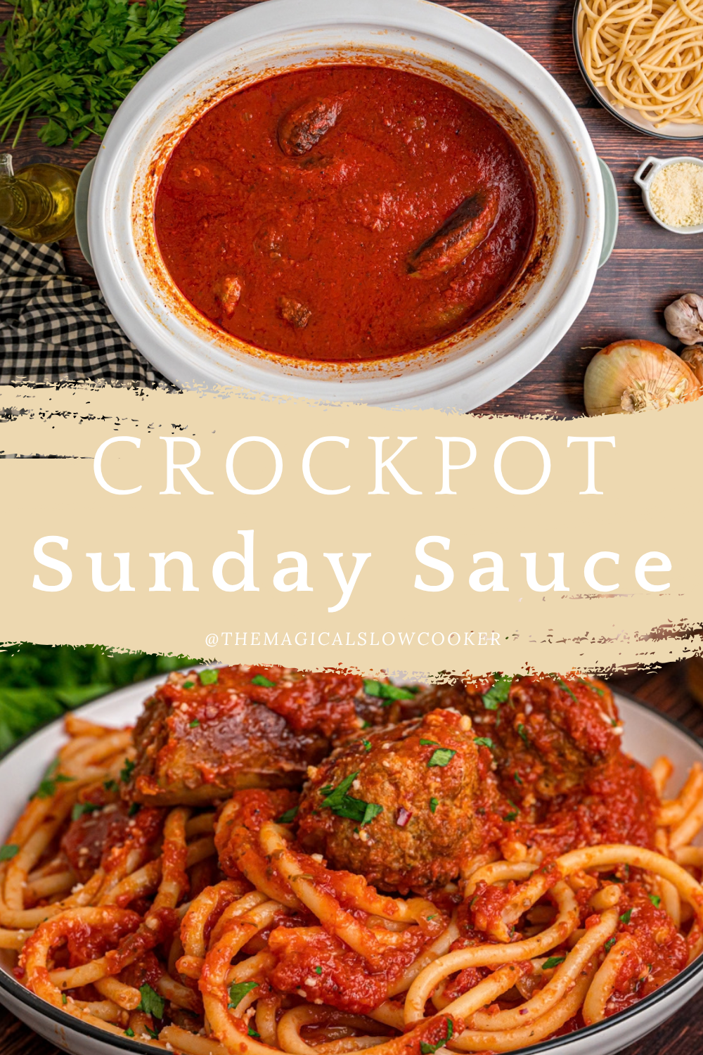 Two images of sunday sauce with text overlay.