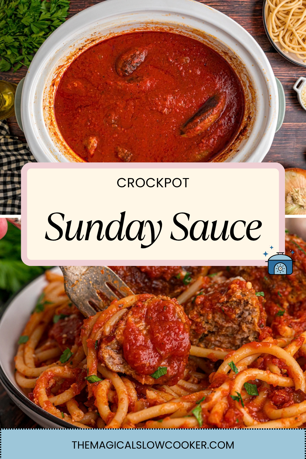 Two images of slow cooker sunday sauce with text overlay.