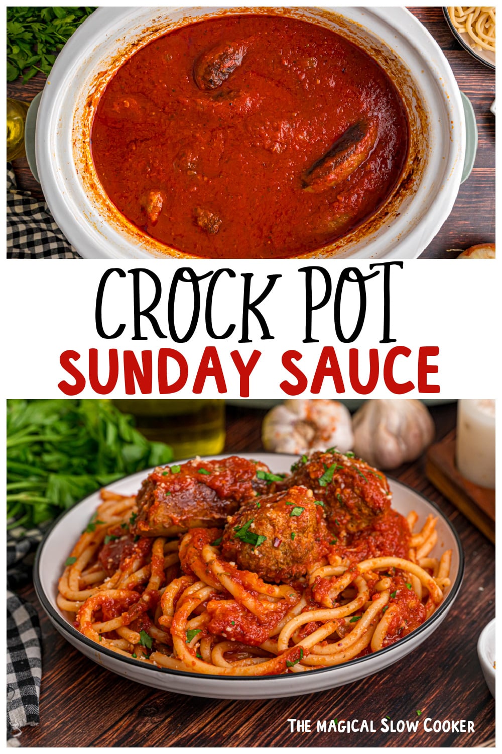 Two images of Crockpot Sunday Sauce for Pinterest.