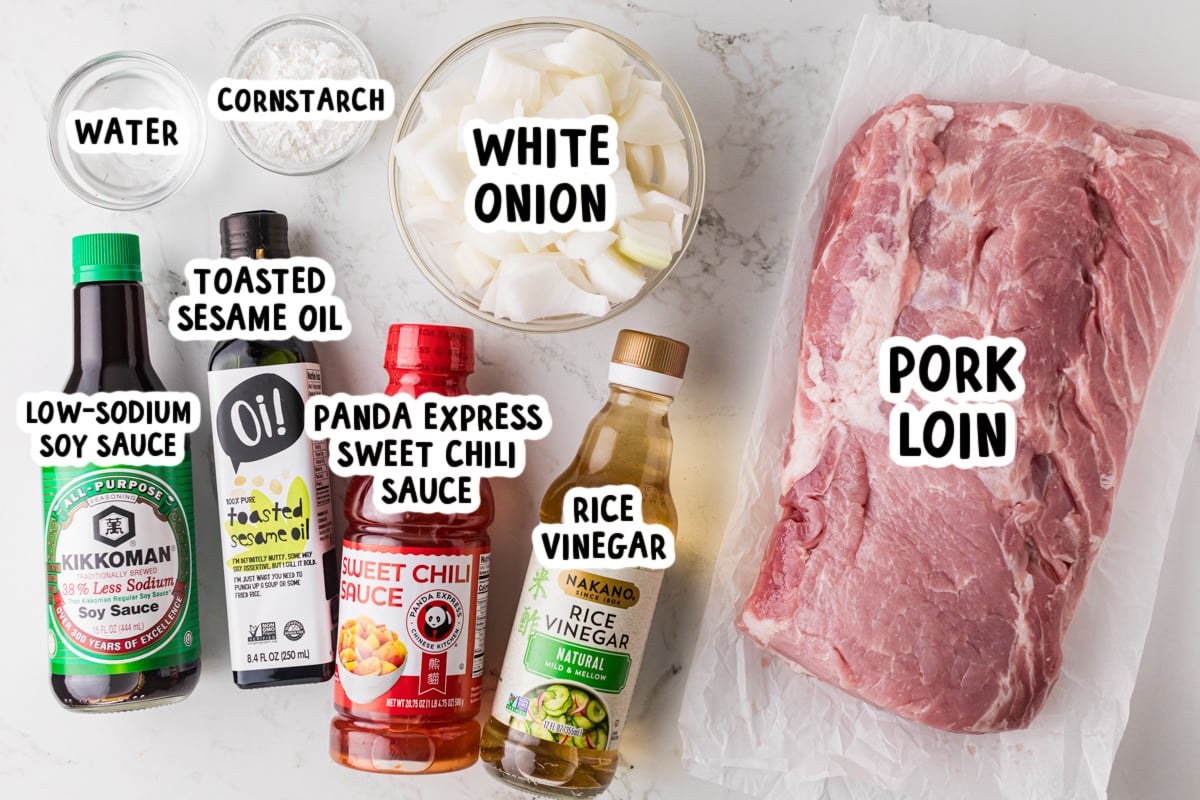 Ingredients for slow cooker sweet chili pork on a table.