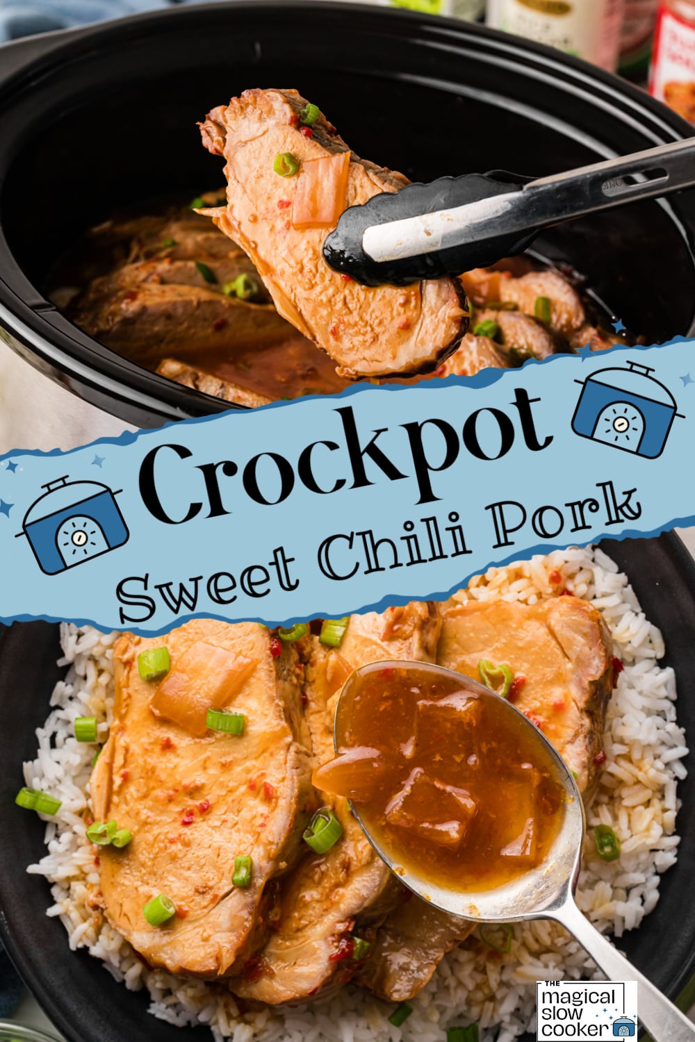 Two images of crockpot sweet chili pork with title text overlay.